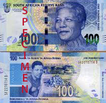 The South African Rand 100 note both front and back featured